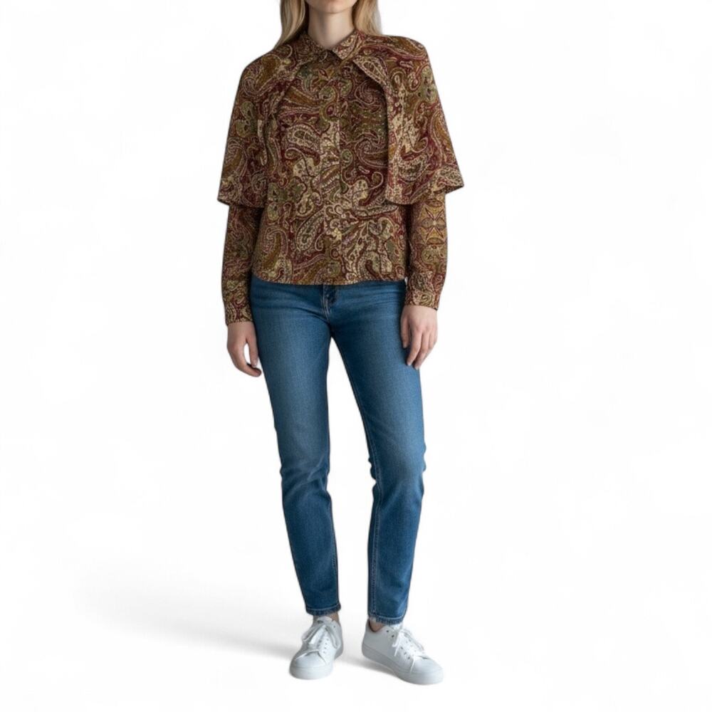 San André 90s Vintage paisley button up blouse with attached cape size 8